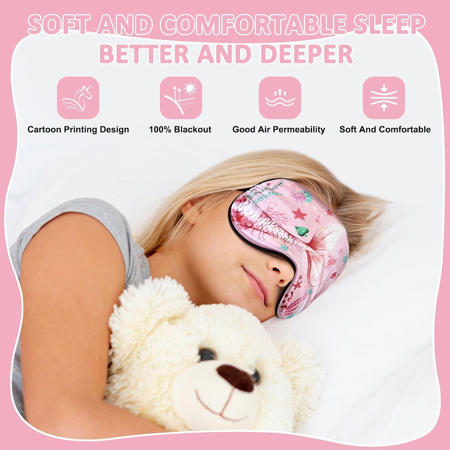 2 Pack Sleep Mask, Cute Unicorn Mermaid Blackout Sleeping Mask, Animal Mask with Adjustable Buckle, Soft Eye Blindfold for Girls Women Home Travel Party Ocean Rainbow Eye Cover Pink