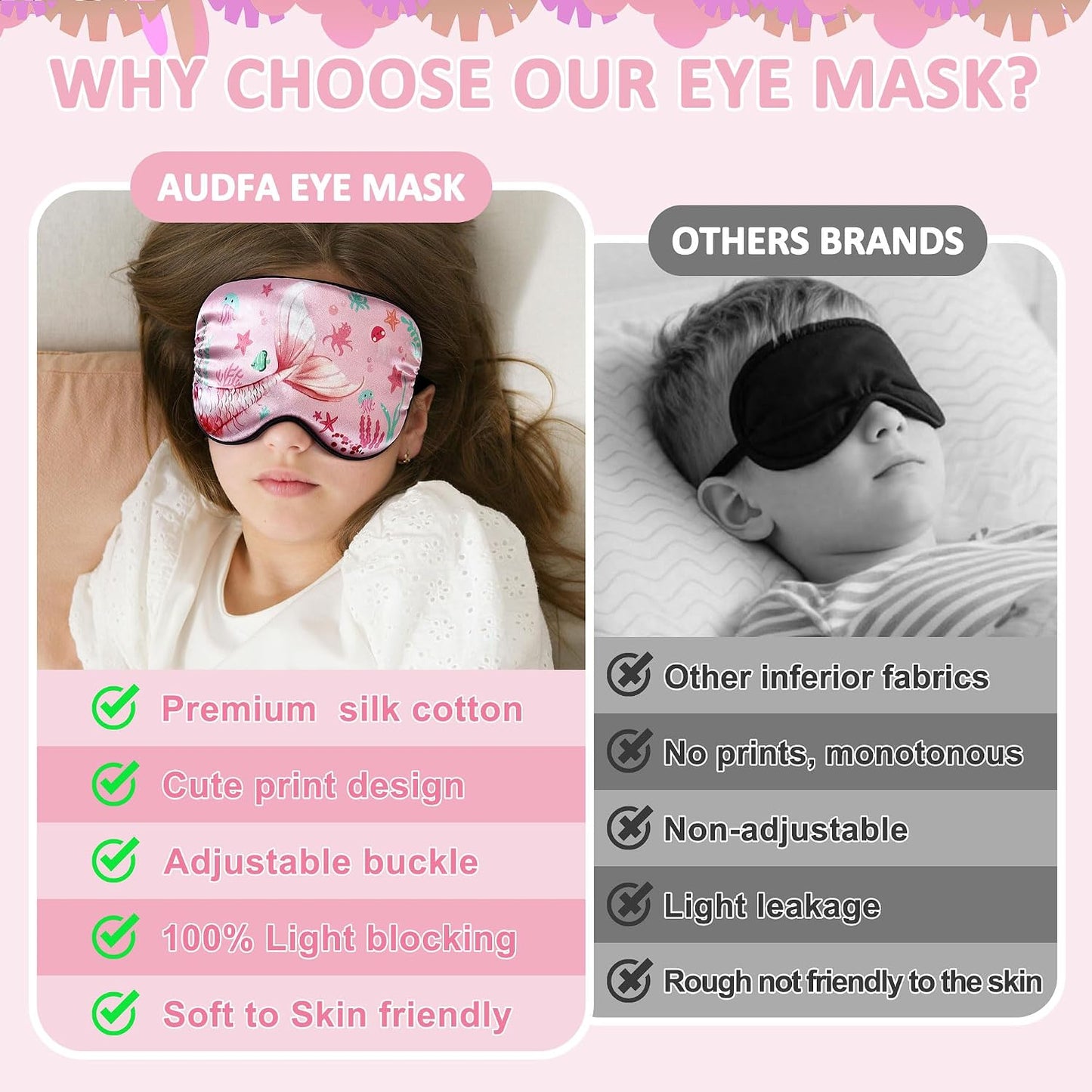 2 Pack Sleep Mask, Cute Unicorn Mermaid Blackout Sleeping Mask, Animal Mask with Adjustable Buckle, Soft Eye Blindfold for Girls Women Home Travel Party Ocean Rainbow Eye Cover Pink