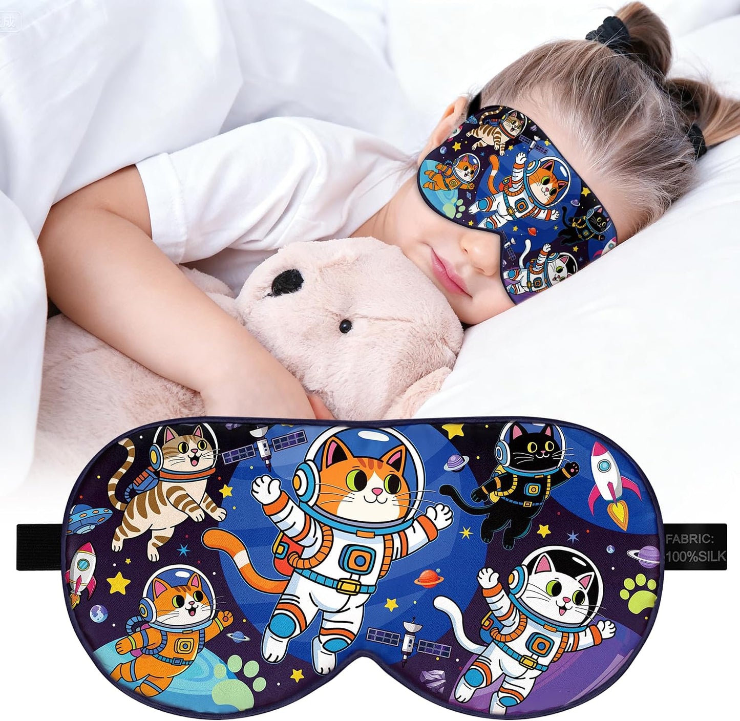 Silk Kids Sleep Mask: 100% Mulberry Silk Eye Mask, Sleeping Masks with Adjustable Strap, Soft & Light-Blocking Printed Kid Eye Cover for Boys Girls Teens Aged 5-15 (Horse Theme)