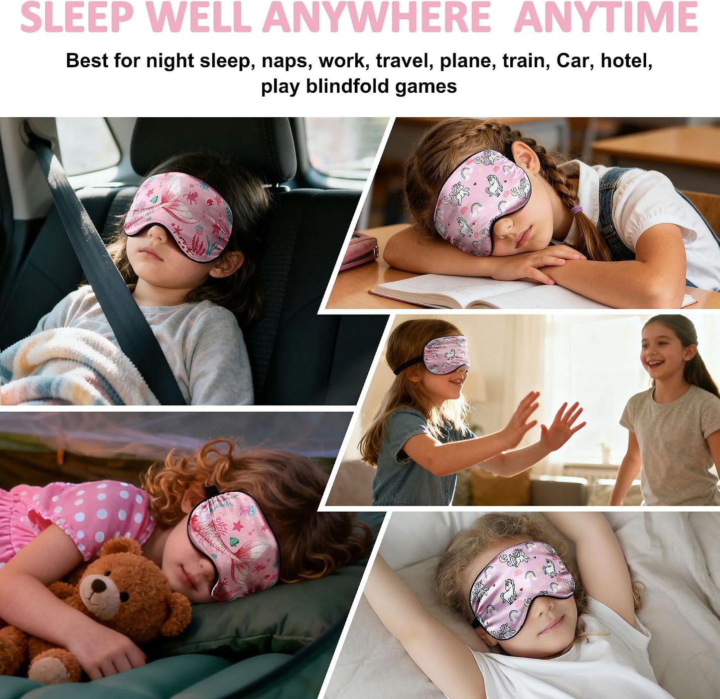 2 Pack Sleep Mask, Cute Unicorn Mermaid Blackout Sleeping Mask, Animal Mask with Adjustable Buckle, Soft Eye Blindfold for Girls Women Home Travel Party Ocean Rainbow Eye Cover Pink