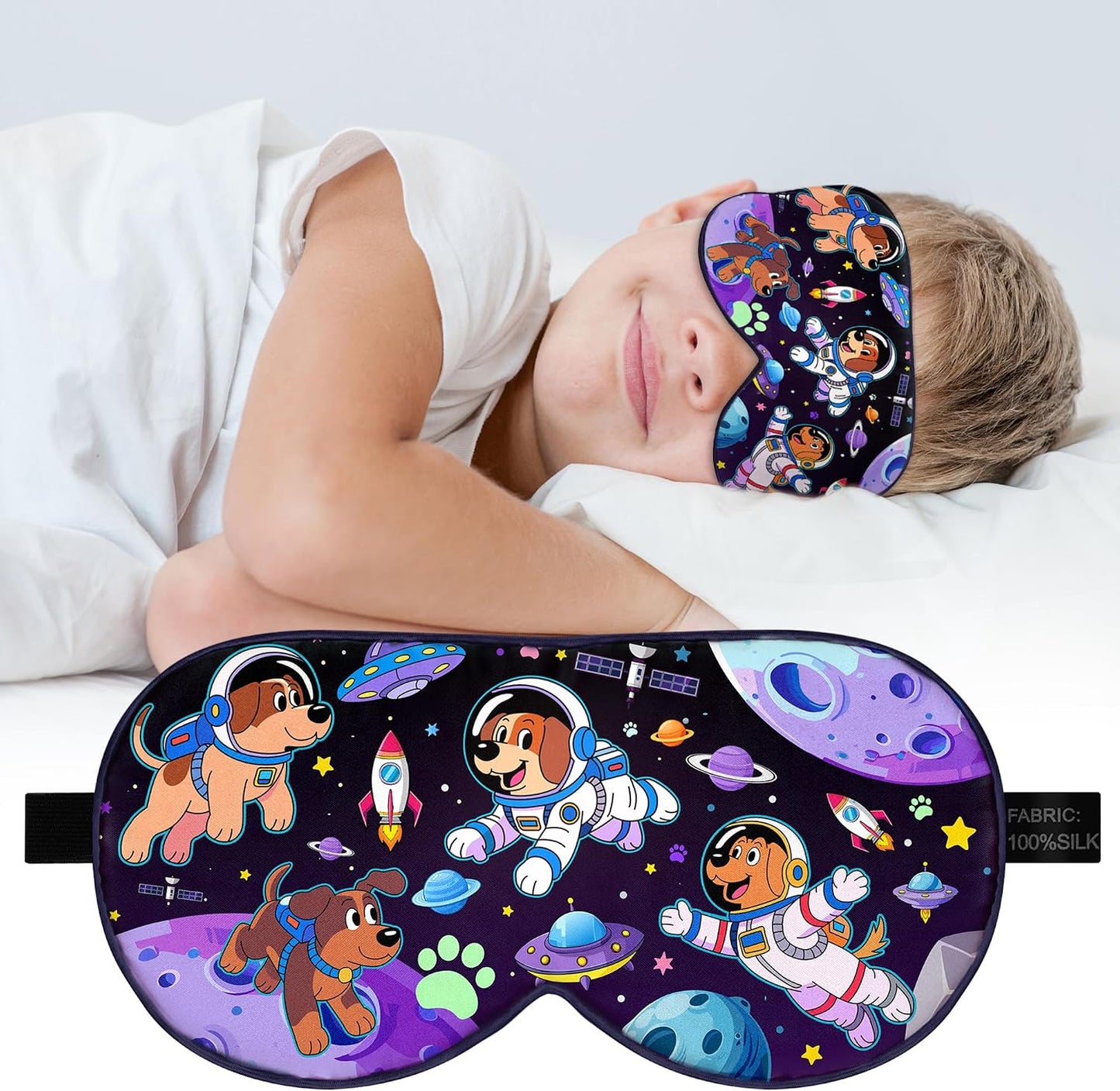 Silk Kids Sleep Mask: 100% Mulberry Silk Eye Mask, Sleeping Masks with Adjustable Strap, Soft & Light-Blocking Printed Kid Eye Cover for Boys Girls Teens Aged 5-15 (Horse Theme)