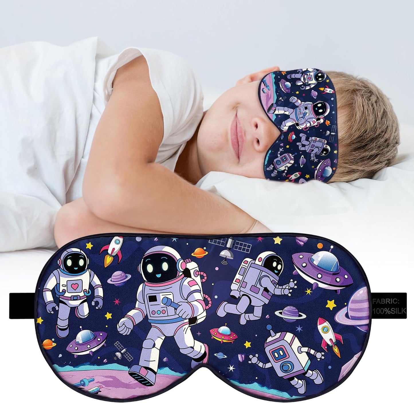 Silk Kids Sleep Mask: 100% Mulberry Silk Eye Mask, Sleeping Masks with Adjustable Strap, Soft & Light-Blocking Printed Kid Eye Cover for Boys Girls Teens Aged 5-15 (Horse Theme)