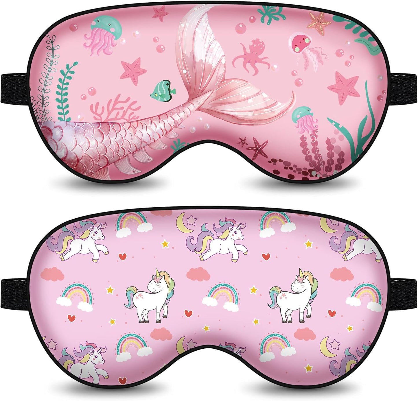 2 Pack Sleep Mask, Cute Unicorn Mermaid Blackout Sleeping Mask, Animal Mask with Adjustable Buckle, Soft Eye Blindfold for Girls Women Home Travel Party Ocean Rainbow Eye Cover Pink