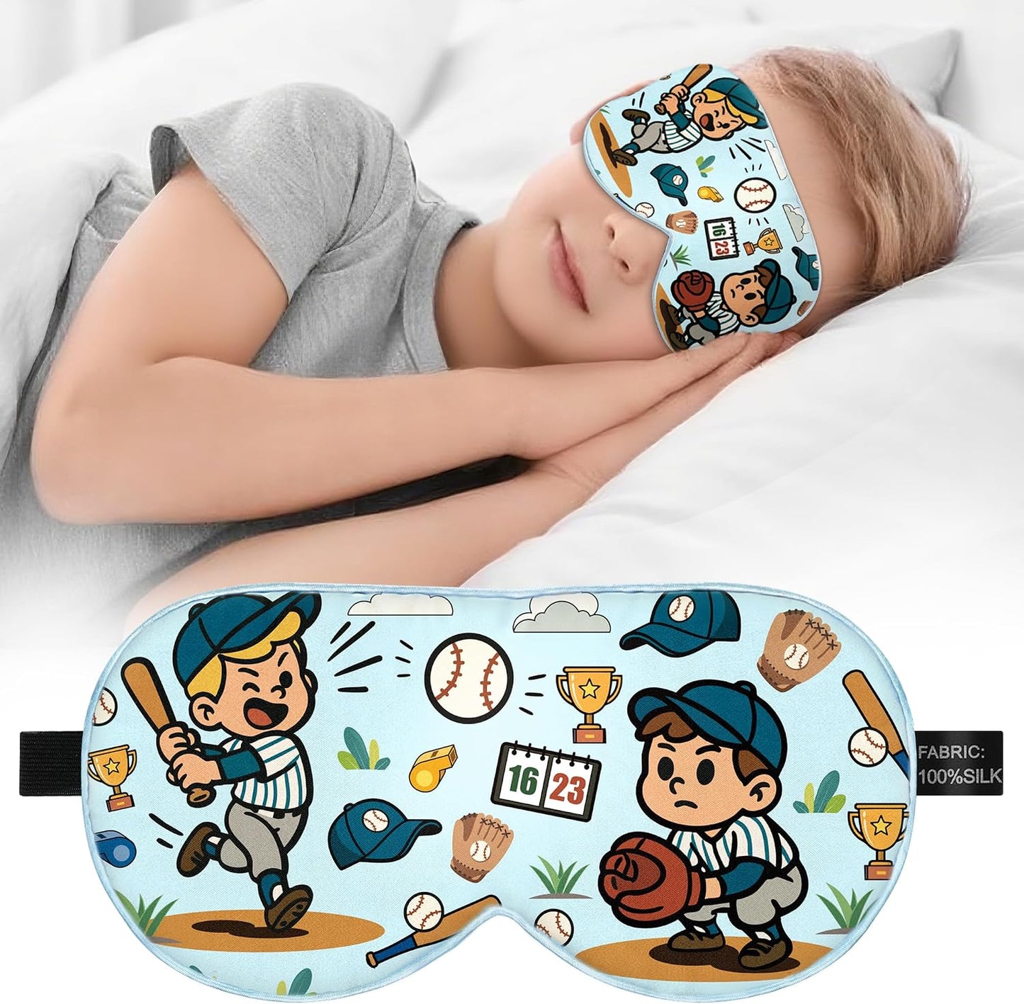 Silk Kids Sleep Mask: 100% Mulberry Silk Eye Mask, Sleeping Masks with Adjustable Strap, Soft & Light-Blocking Printed Kid Eye Cover for Boys Girls Teens Aged 5-15 (Horse Theme)