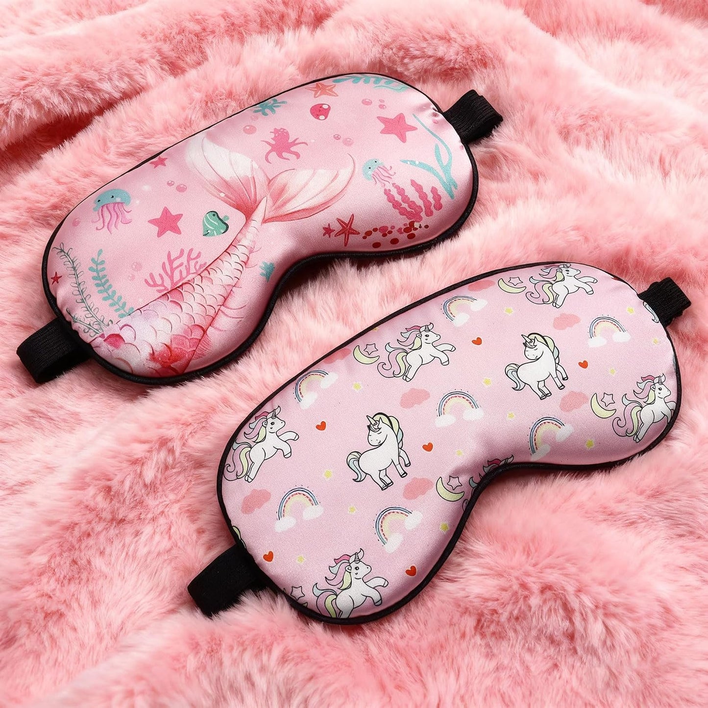 2 Pack Sleep Mask, Cute Unicorn Mermaid Blackout Sleeping Mask, Animal Mask with Adjustable Buckle, Soft Eye Blindfold for Girls Women Home Travel Party Ocean Rainbow Eye Cover Pink